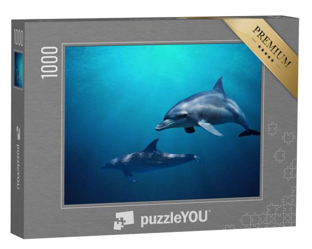 Puzzel 1000 stukjes „Twee dolfijnen zwemmen door blauw water“