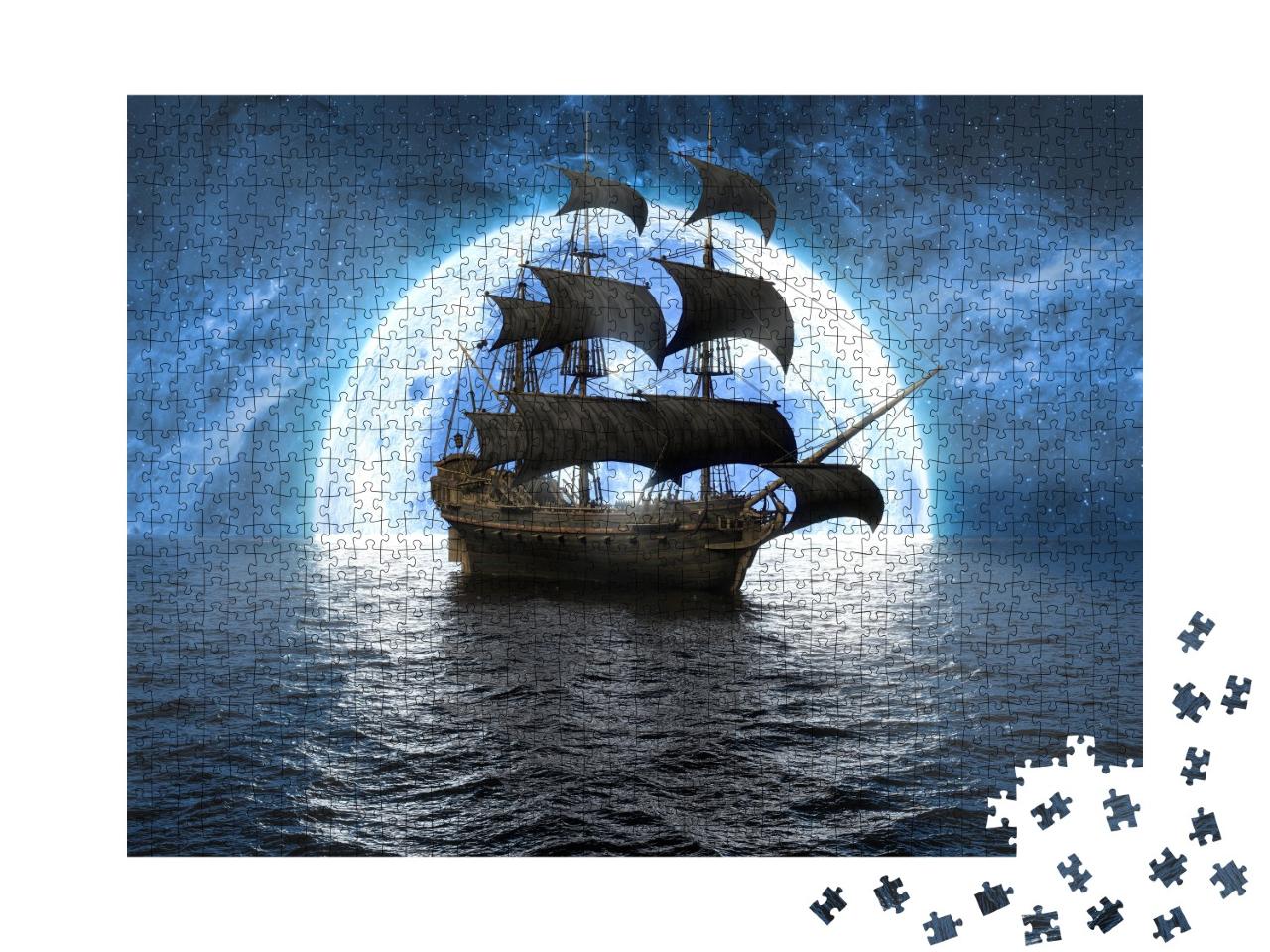 Puzzle 1000 Teile „Illustration: Segelschiff auf hoher See vor einem riesigen Vollmond“