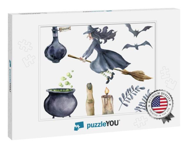 Watercolor Magic Set. Hand Painted Witch on Brooms... Jigsaw Puzzle
