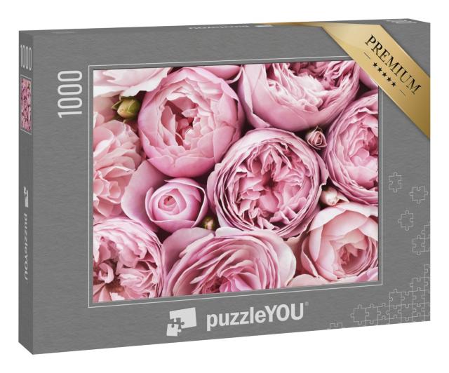Puzzle „Dicht gedrängte, rosa-samtige Rosenblüten“