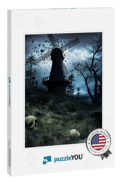 Gothic Scenery with Huge Windmill, Birds & Skulls. 3D Ill... Jigsaw Puzzle