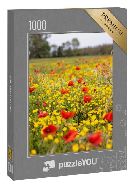 Puzzle 1000 Teile „Frühlingsblumenwiese mit Mohn und gelben Blumen“