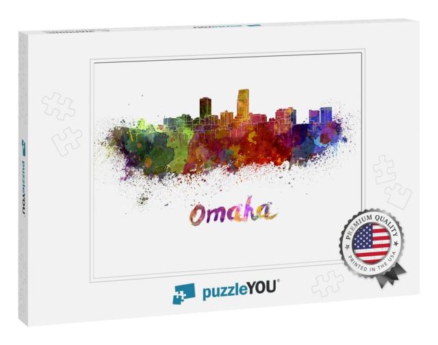 Omaha Skyline in Watercolor Splatters with Clipping Path... Jigsaw Puzzle