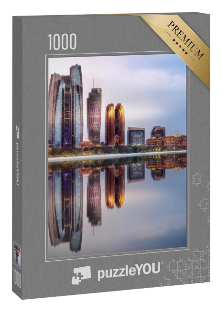 Puzzle 1000 Teile „Blick auf die Abu Dhabi Skyline bei Sonnenaufgang, Vereinigte Arabische Emirate“