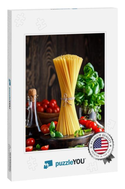 Raw Spaghetti on Rustic Background. Ingredients for Pasta... Jigsaw Puzzle
