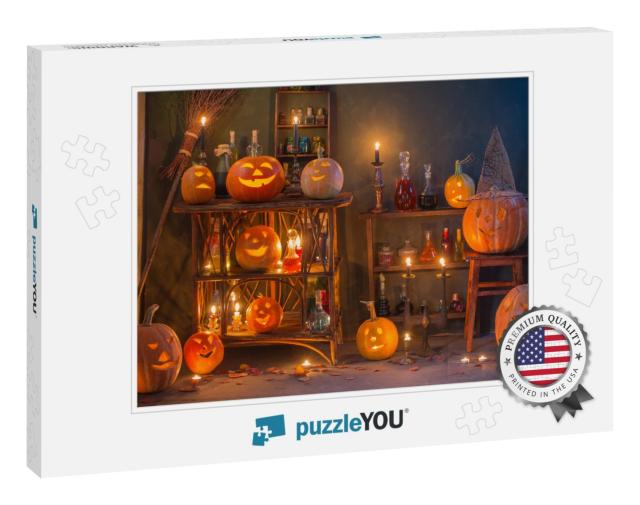 Halloween Decoration with Pumpkins & Magic Potions Indoor... Jigsaw Puzzle