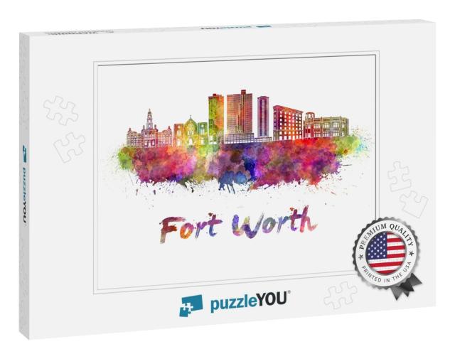 Fort Worth Skyline in Watercolor Splatters with Clipping... Jigsaw Puzzle