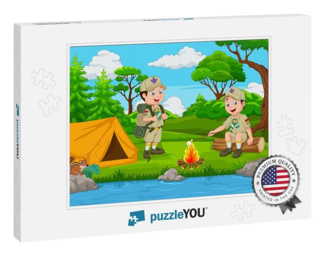 Cartoon Scout with Tent & Camp Fire... Jigsaw Puzzle