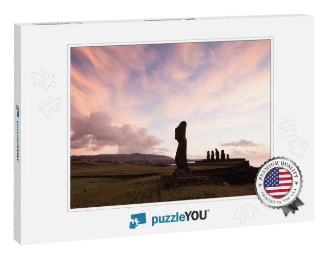 Moai in the Rapa Nui National Park During the Sunset, Eas... Jigsaw Puzzle
