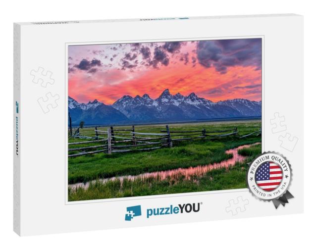 Sunset At Grand Teton - a Panoramic View of a Spectacular... Jigsaw Puzzle