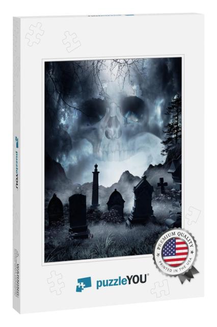 Night Scene with Fog & Tombstones. 3D Illustration... Jigsaw Puzzle