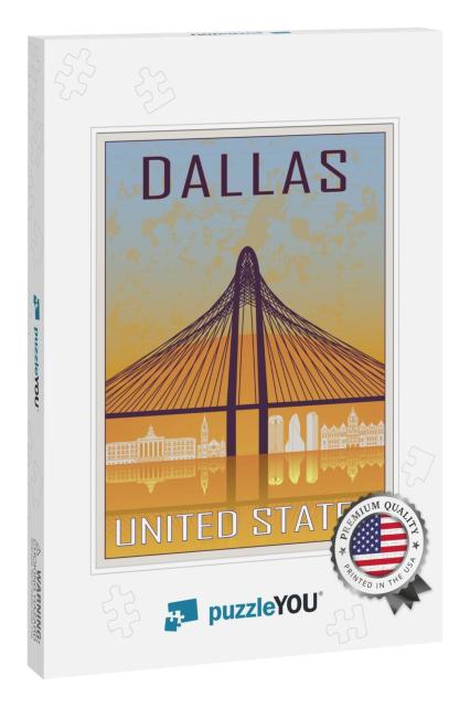 Dallas Vintage Poster in Orange & Blue Textured Backgroun... Jigsaw Puzzle