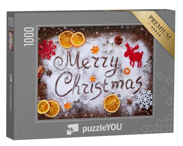 Puzzel 1000 stukjes „Vrolijk kerstfeest: Tekst van bloem met versieringen“