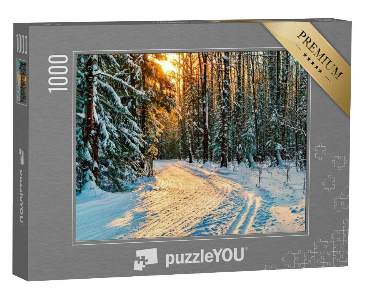 Puzzel 1000 stukjes „Winter bospad in een besneeuwd bos met dennenbomen“