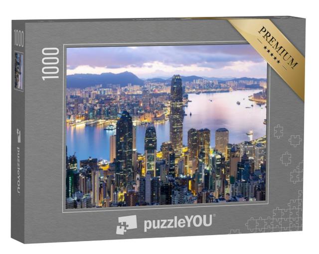 Puzzel 1000 stukjes „Zonsopgang boven een helder verlicht Hongkong“