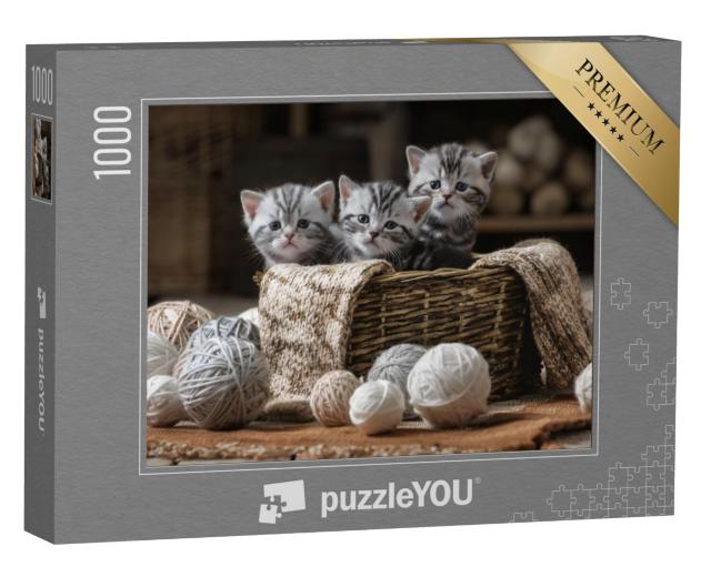 Puzzel 1000 stukjes „Groep kleine gestreepte katjes met bolletjes garen“