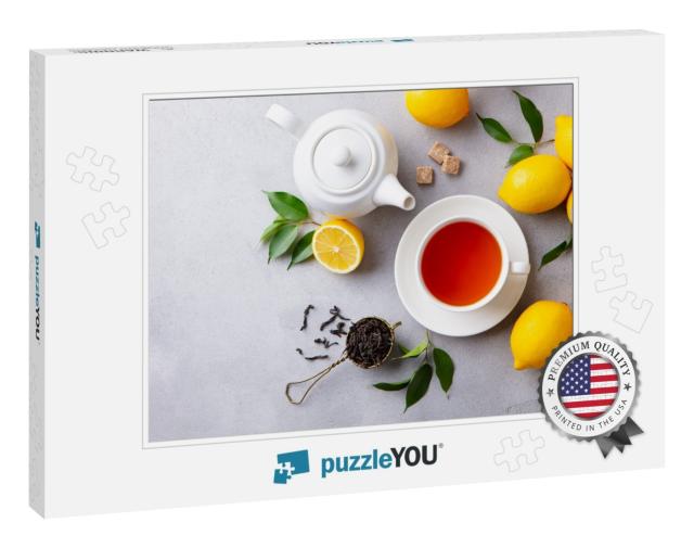 Tea Cup & Pot with Lemon. Grey Background. Copy Space. To... Jigsaw Puzzle