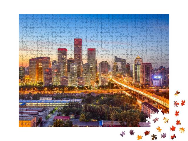 Puzzle 1000 Teile „Beeindruckende Skyline von Peking, China, bei Sonnenuntergang, Lichter der Stadt“