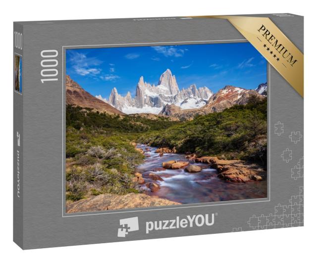 Puzzle 1000 Teile „Aussicht auf den Berg Fitz Roy und den Gletscherfluss, Patagonien, Argentinien“