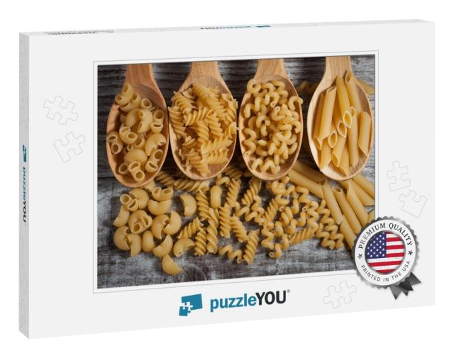 Various Mix of Pasta on Wooden Rustic Background, Sack &... Jigsaw Puzzle