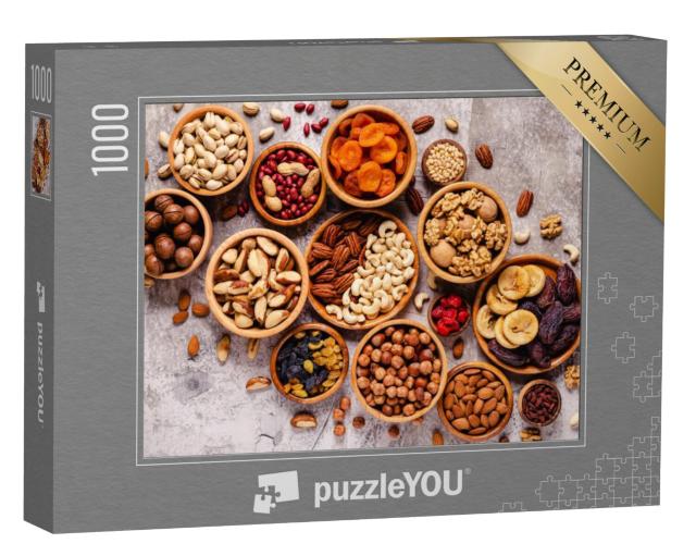 Puzzel 1000 stukjes „Diverse noten en gedroogd fruit in houten schaaltjes“