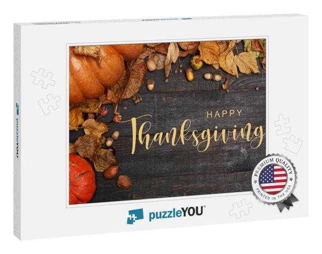 Thanksgiving Greetings. Pumpkins & Dry Leaves on a Dark W... Jigsaw Puzzle
