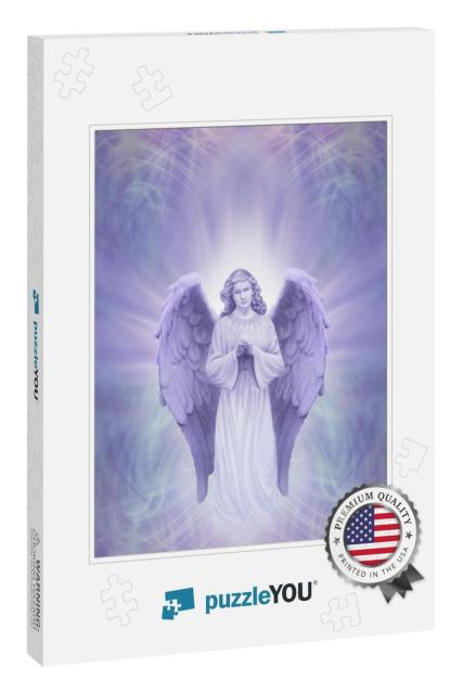 Guardian Angel on Ethereal Lilac Blue Background - Prayin... Jigsaw Puzzle