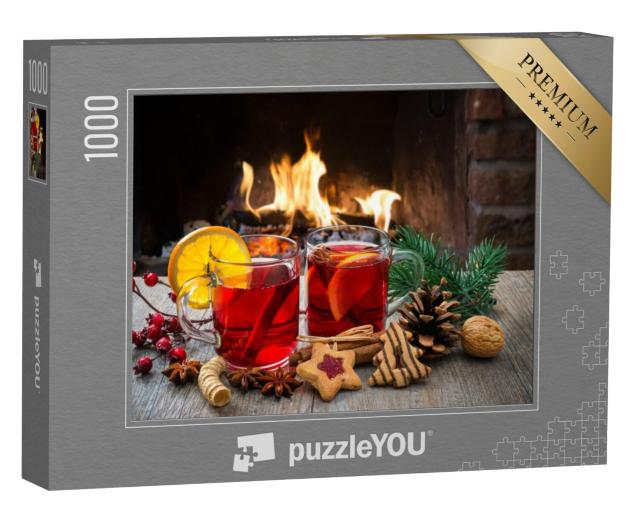 Puzzel 1000 stukjes „Glühwein met kerst bij de romantische open haard“