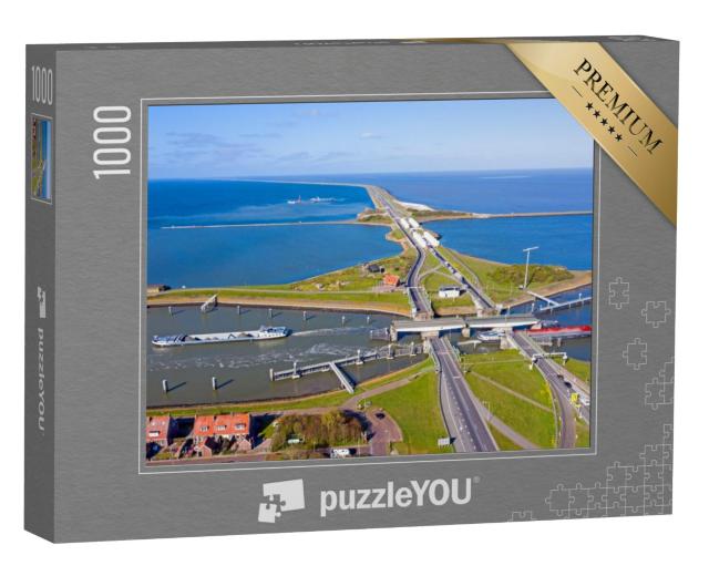 Puzzel 1000 stukjes „Luchtfoto van de sluizen bij Kornwerderzand in Nederland“