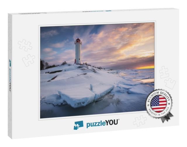 Graceful White Lighthouse Staying on the Rocky Coast Cove... Jigsaw Puzzle