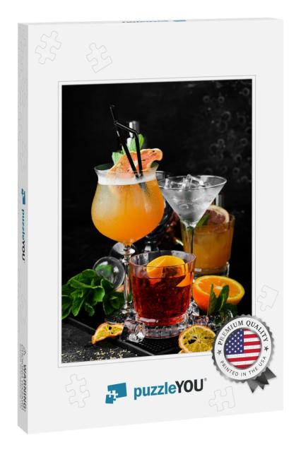 Set of Colored Alcoholic Cocktails on a Black Stone Backg... Jigsaw Puzzle