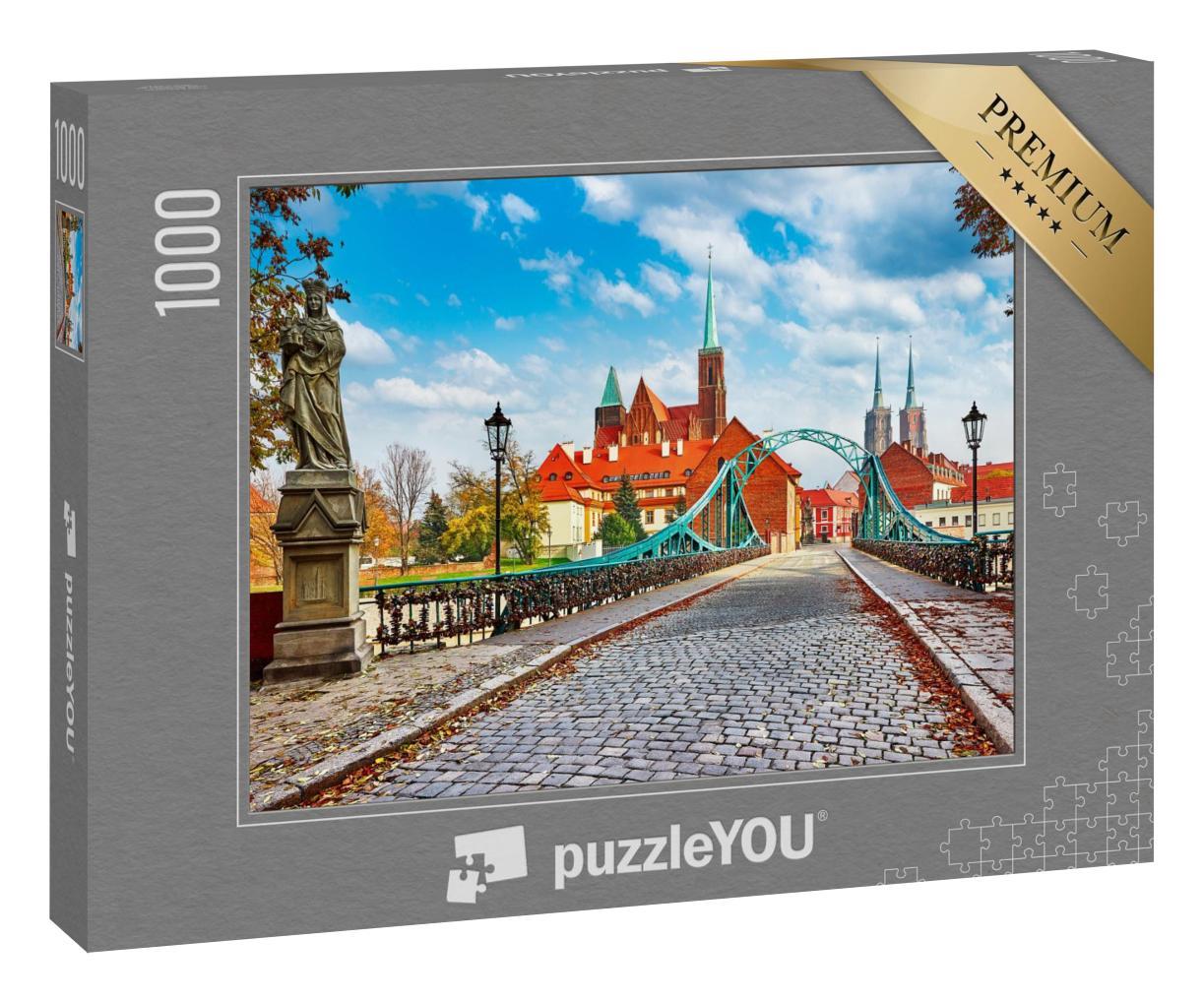 Puzzle 1000 Teile „Breslau: grüne Brücke mit Blick auf St. Johannes, Dominsel, Polen“