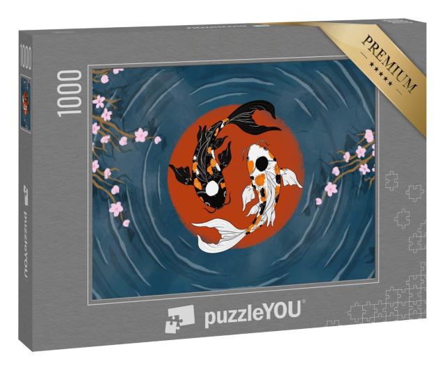 Puzzle 1000 Teile „Orientalischer Yin-Yang-Koi in einem Teich mit Kirschblüten“