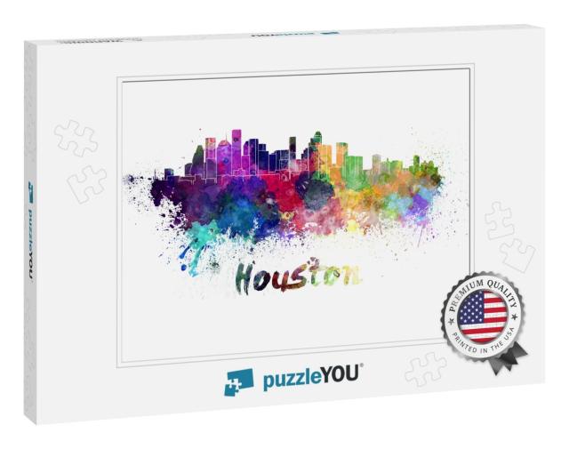 Houston Skyline in Watercolor Splatters with Clipping Pat... Jigsaw Puzzle