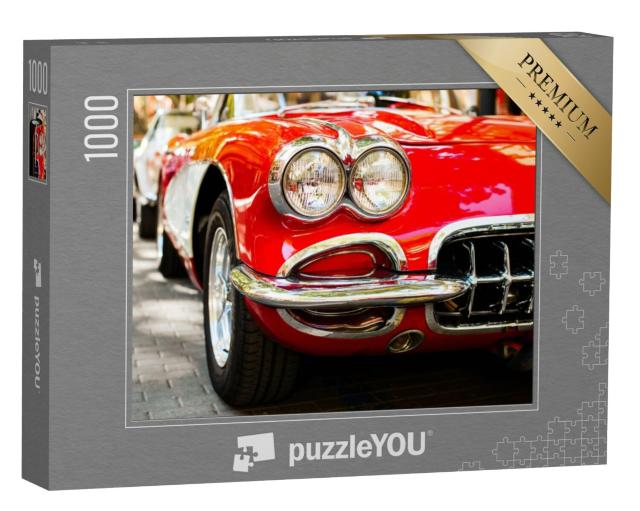 Puzzel 1000 stukjes „Close-up van koplampen van een rode klassieke auto“