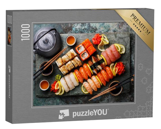 Puzzel 1000 stukjes „Sushi set nigiri en sushi rollen met thee“