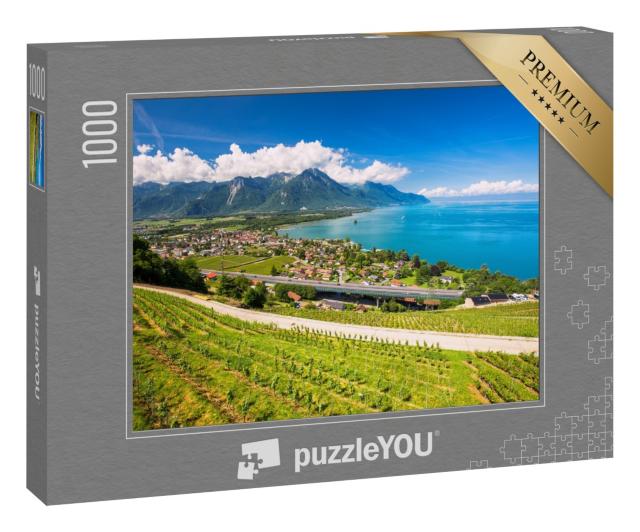 Puzzle 1000 Teile „Blick auf Villeneuve mit Schweizer Alpen, Genfersee und Weinbergen“
