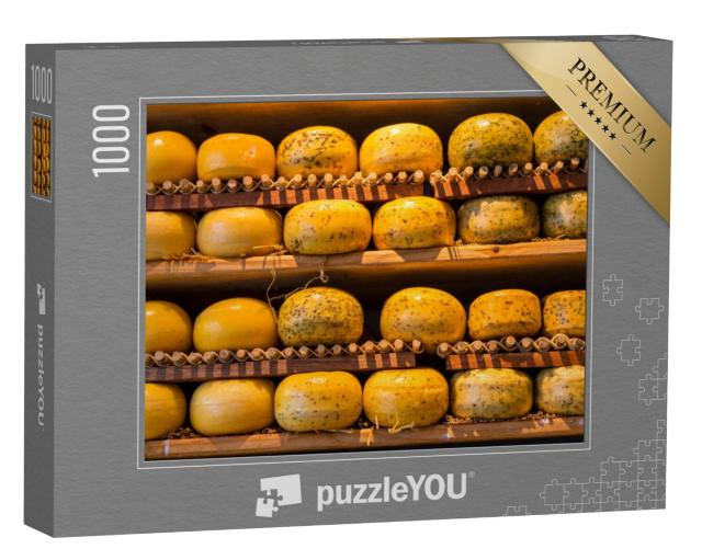 Puzzel 1000 stukjes „Kaaswielen op de planken van een Amsterdamse winkel“