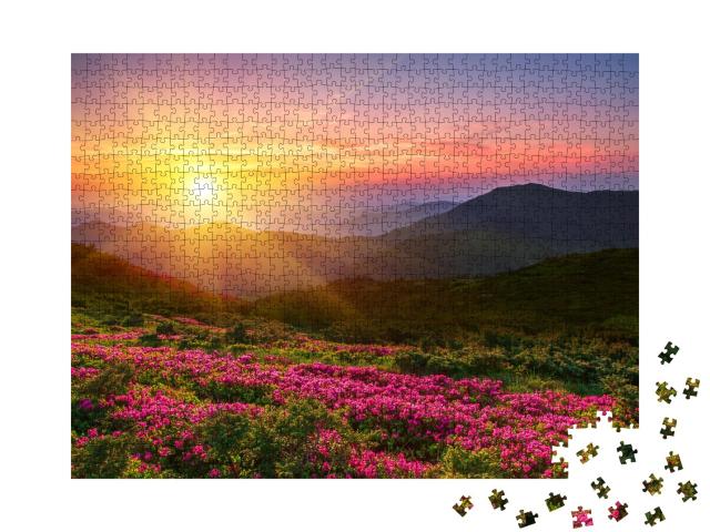Puzzle 1000 Teile „Wunderschöner Sonnenuntergang über den Bergen“