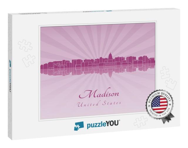Madison Skyline in Radiant Orchid in Editable Vector File... Jigsaw Puzzle