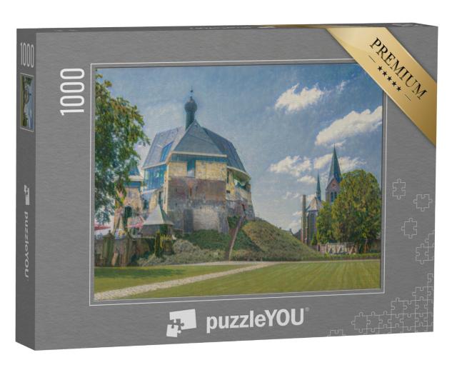 Puzzel 1000 stukjes „in de kunststijl van Claude Monet - kasteel en kerk in Keverburg aan de Maas, Nederland“