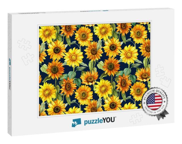 Sunflowers Bouquet Watercolor Hand Painted Seamless Patte... Jigsaw Puzzle