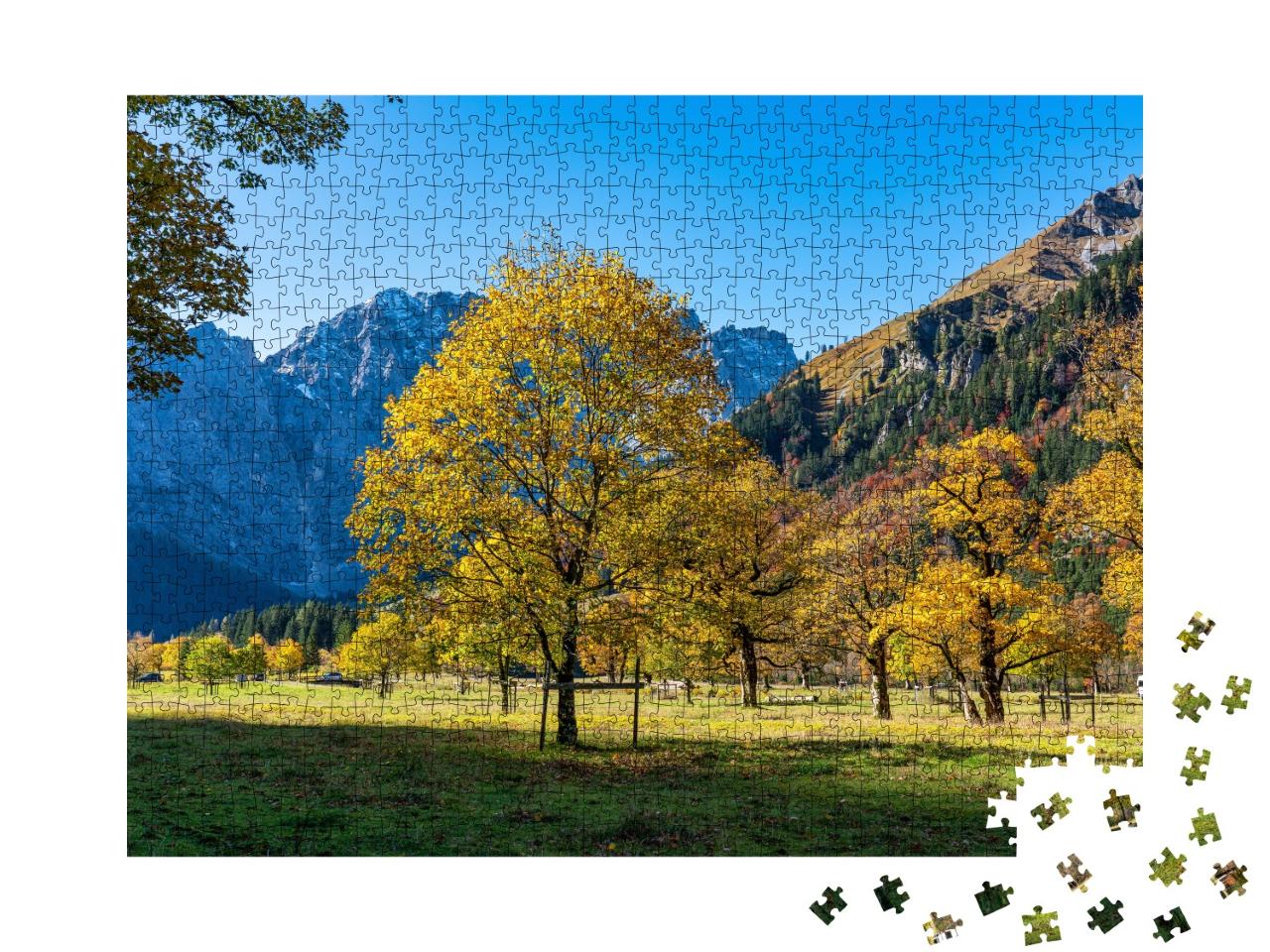 Puzzle 1000 Teile „Sonniger Herbstblick auf die Ahornbäume am Ahornboden, Karwendelgebirge, Österreich“