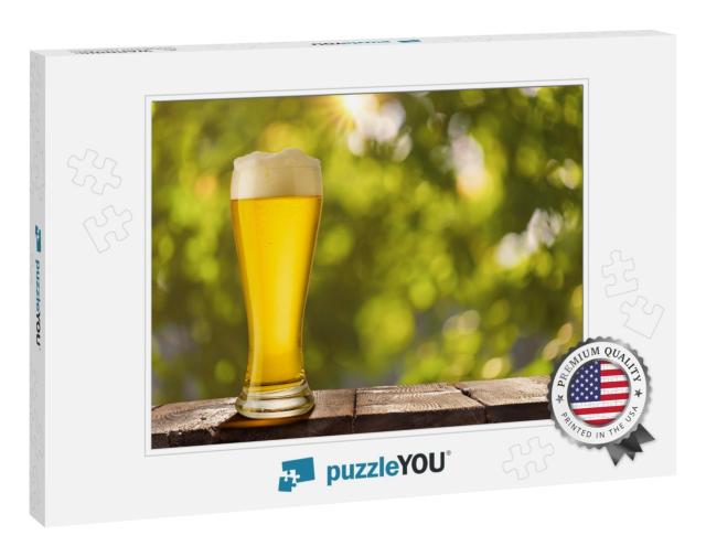 Pint of Foamy Beer in Sunlight Rays on Rustic Wooden Tabl... Jigsaw Puzzle