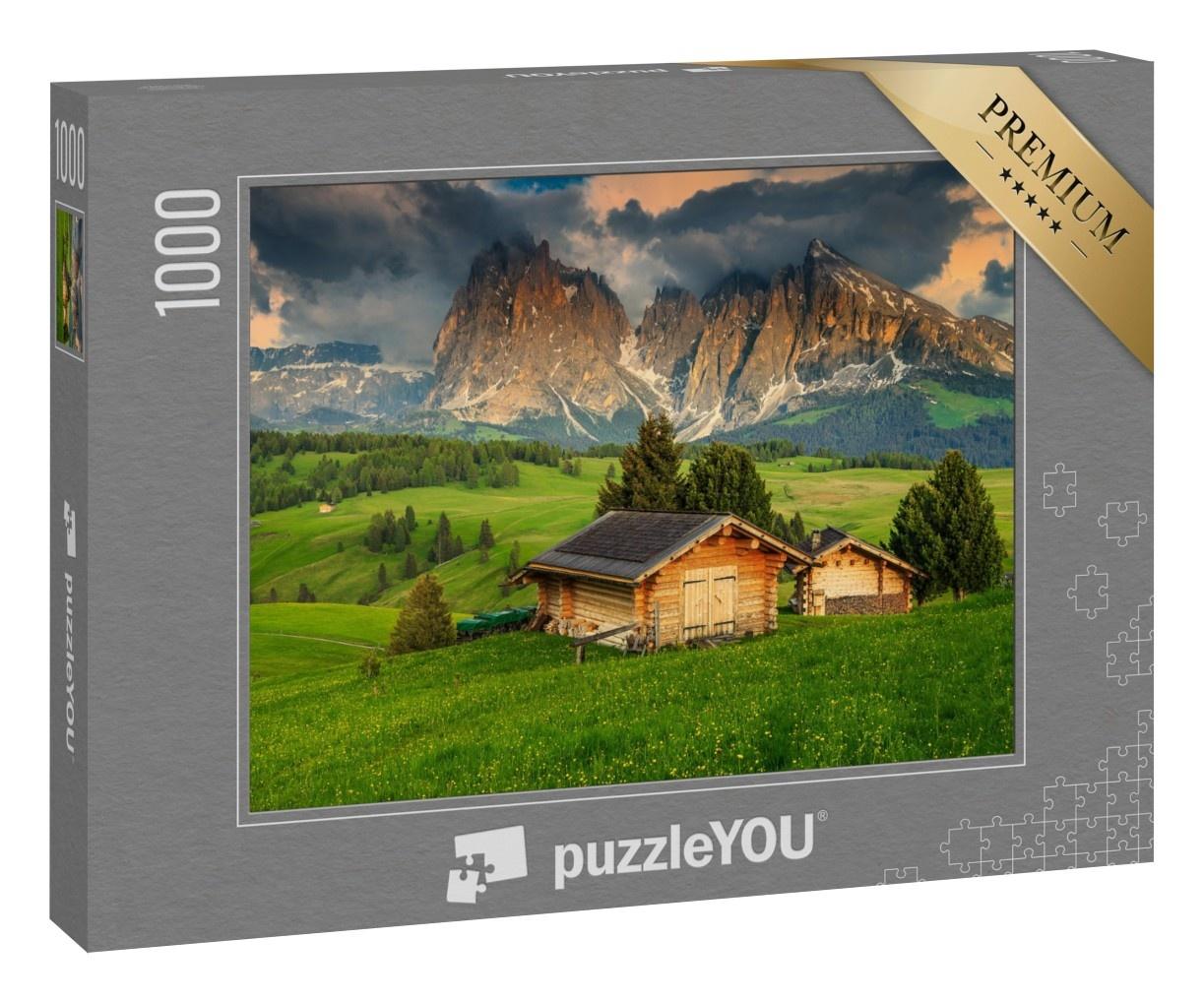 Puzzle 1000 Teile „Frühling auf der Seiser Alm mit Langkofelgruppe, Dolomiten, Italien“