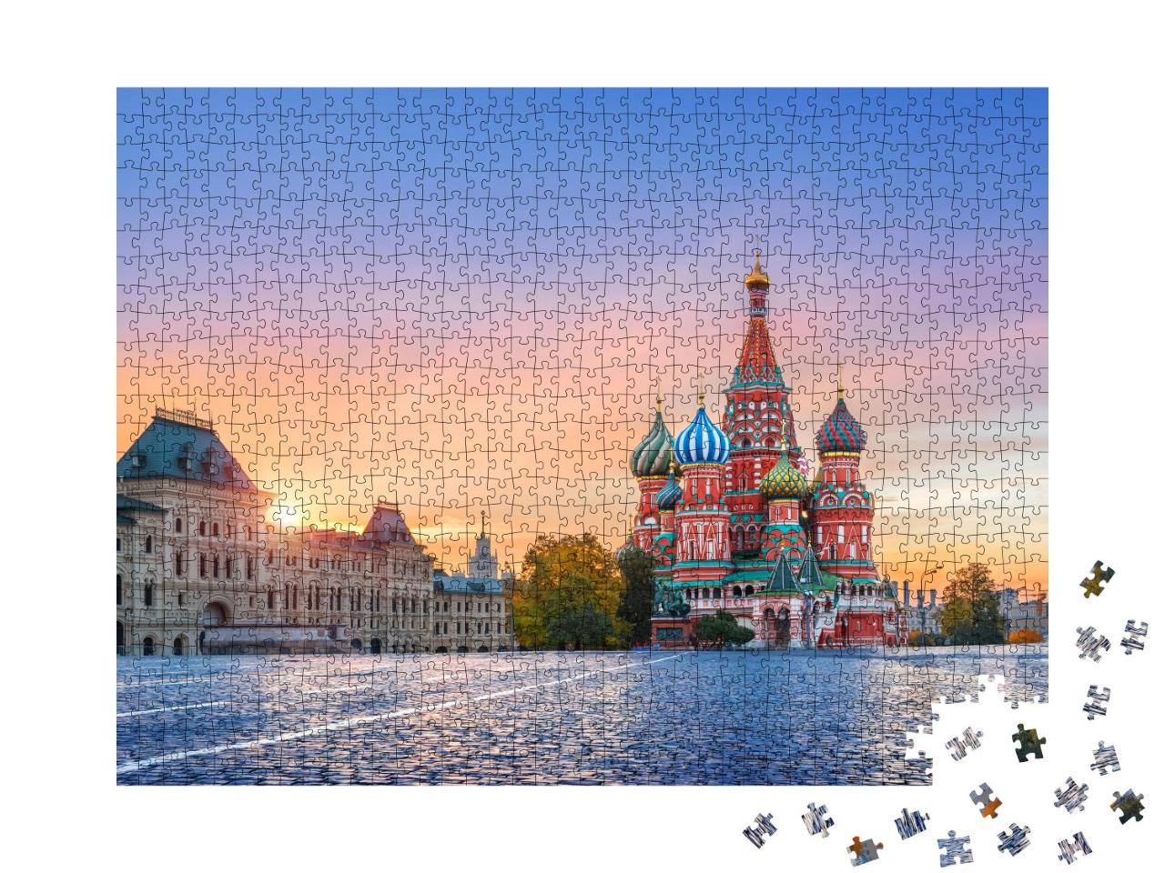 Puzzle 1000 Teile „Basilius-Kathedrale auf dem Roten Platz in Moskau bei Herbstsonne, Russland“