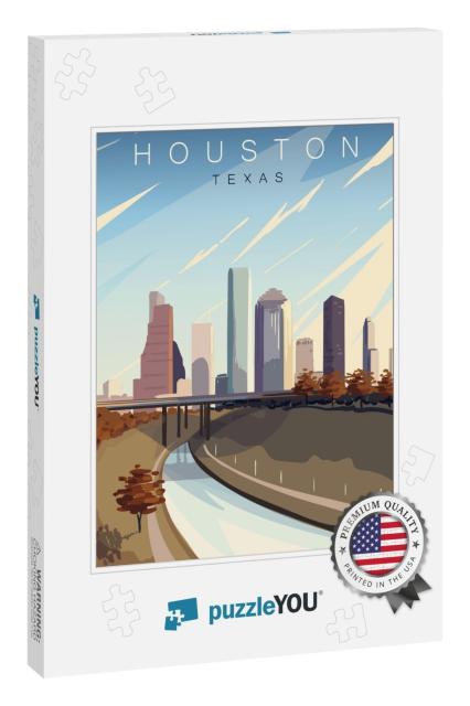 Houston Modern Vector Poster. Houston, Texas Landscape Il... Jigsaw Puzzle