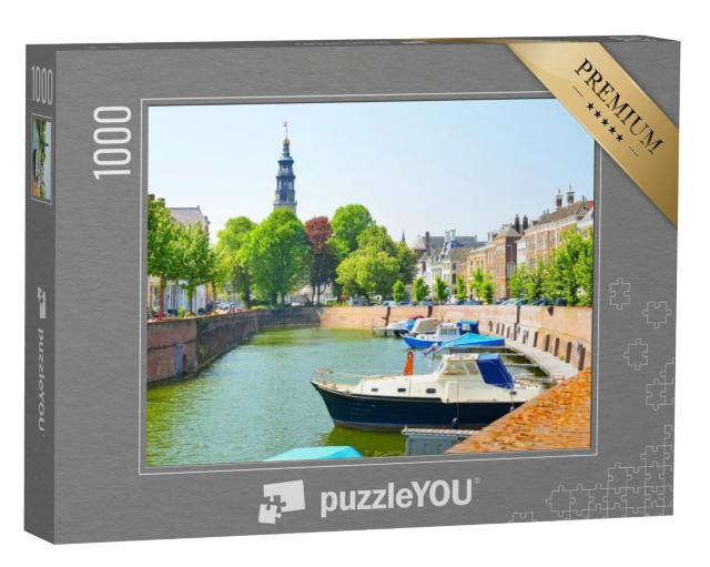 Puzzel 1000 stukjes „Uitzicht op Middelburg, mooie huizen en boten op de gracht“