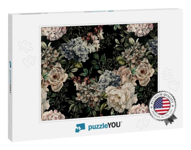 Seamless Floral Pattern with Flowers on Dark Background... Jigsaw Puzzle