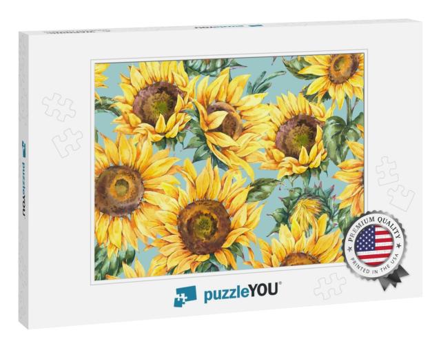 Watercolor Rustic Seamless Pattern, Farmhouse Sunflower W... Jigsaw Puzzle